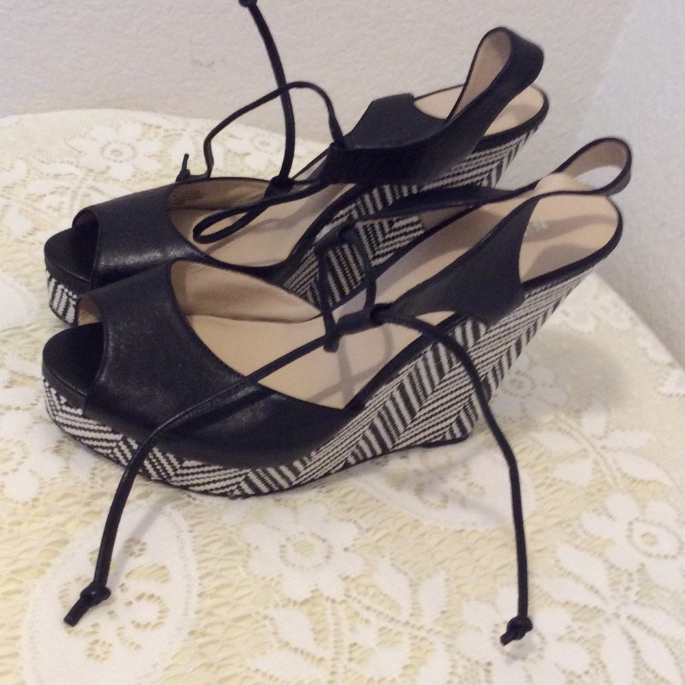 Nine West Black and White Chevron Wedge Sandals - Picture 4 of 8